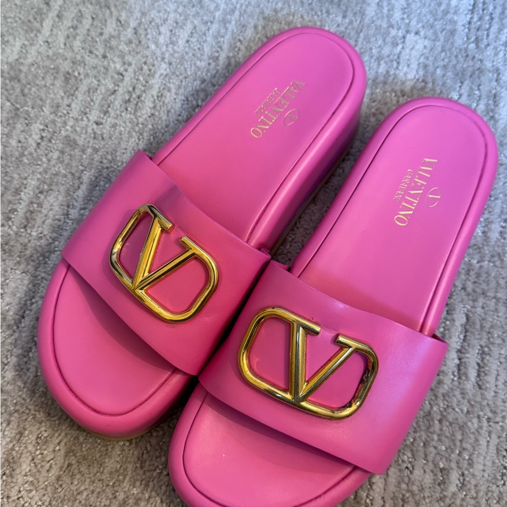 Valentino Vibrant Pink Slide Sandals with Gold Logo